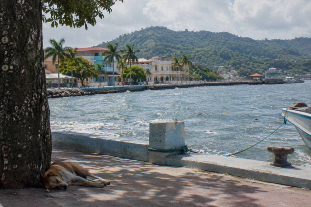 Samaná town waterfront under a bright late morning sky with calm bay water